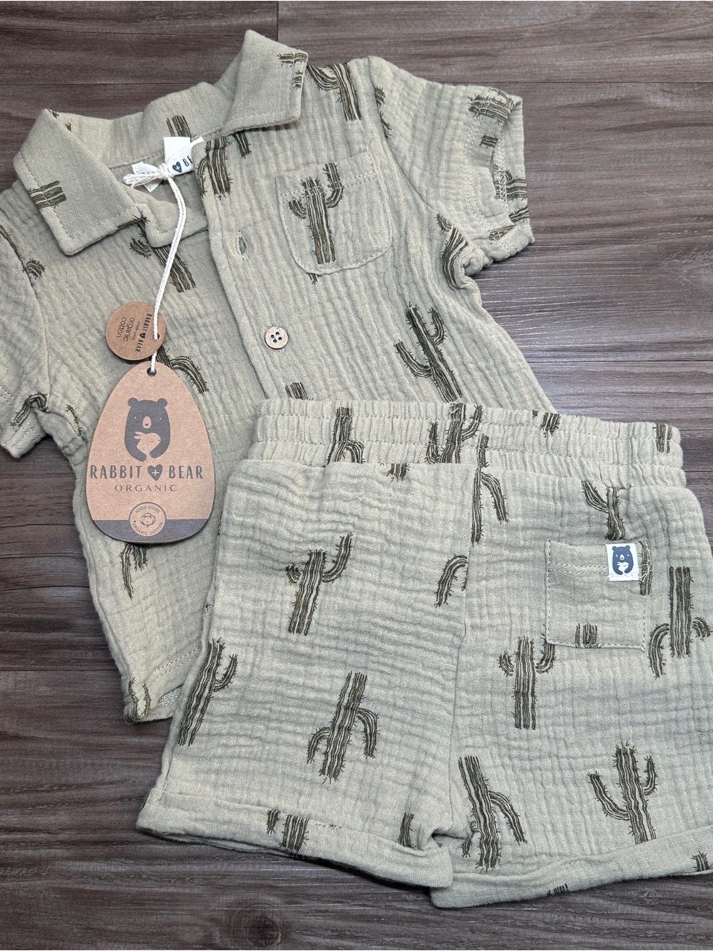 Rabbit & Bear Organic Sage Cactus Baby Boy 6/9M Western Cotton Matching Set